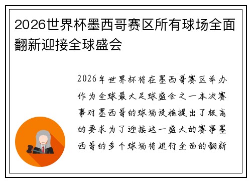 2026世界杯墨西哥赛区所有球场全面翻新迎接全球盛会